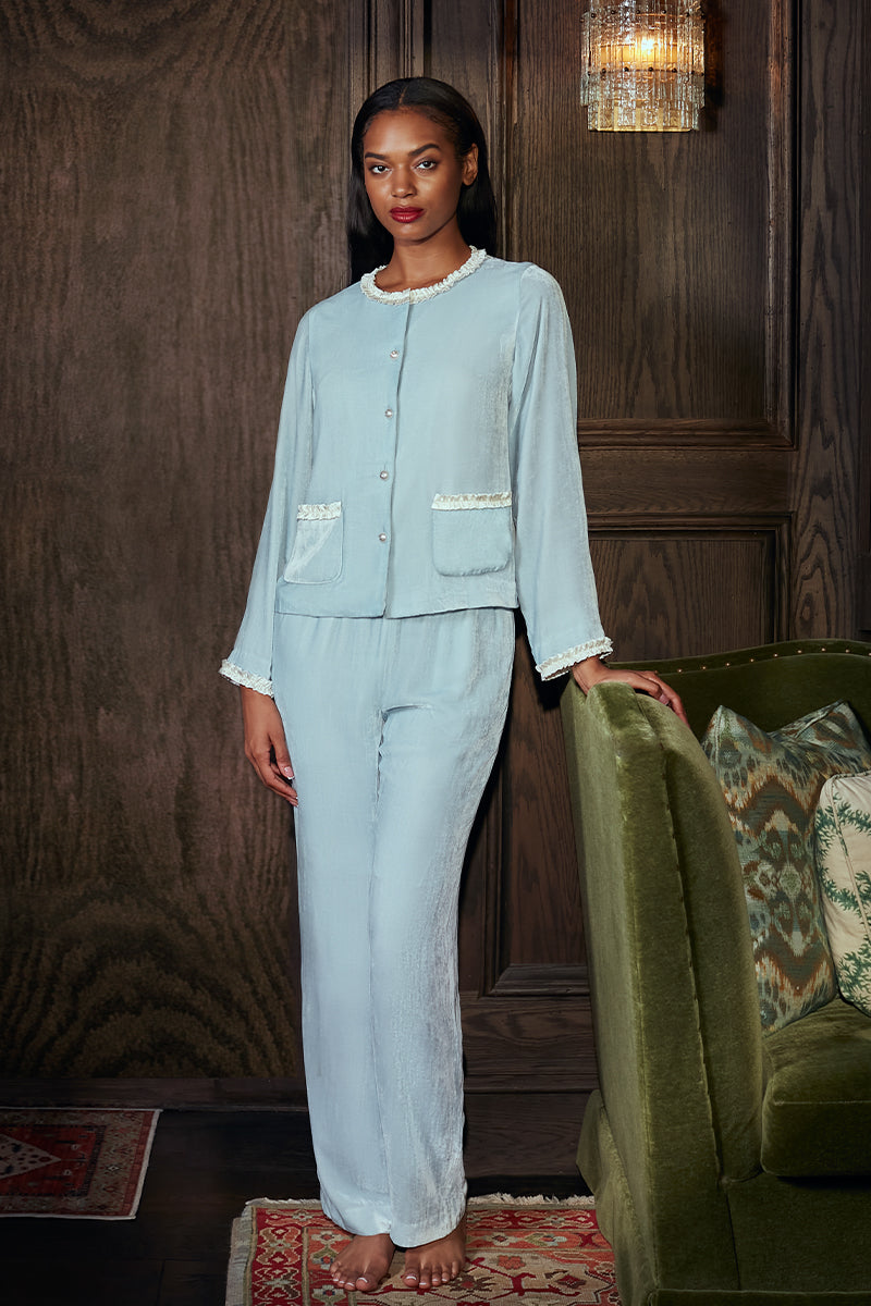 CHARLOTTE VELVET PAJAMA SET IN BLUE - CULT MIA