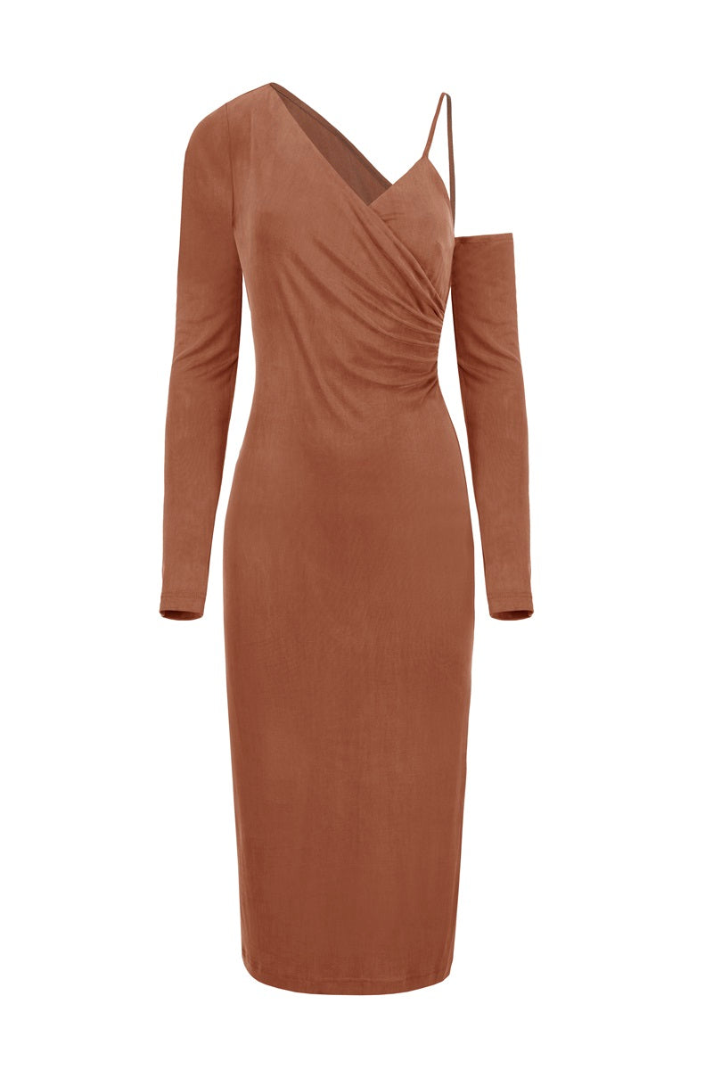 ASYMMETRIC CUPRO DRESS IN CHOCOLATE BROWN - CULT MIA