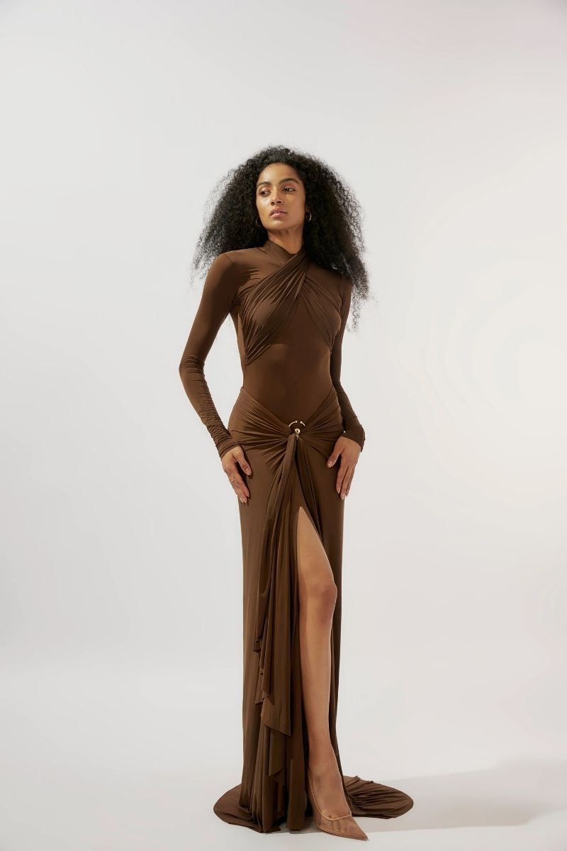 JUNE CHOCOLATE BROWN FITTED MAXI DRESS - CULT MIA