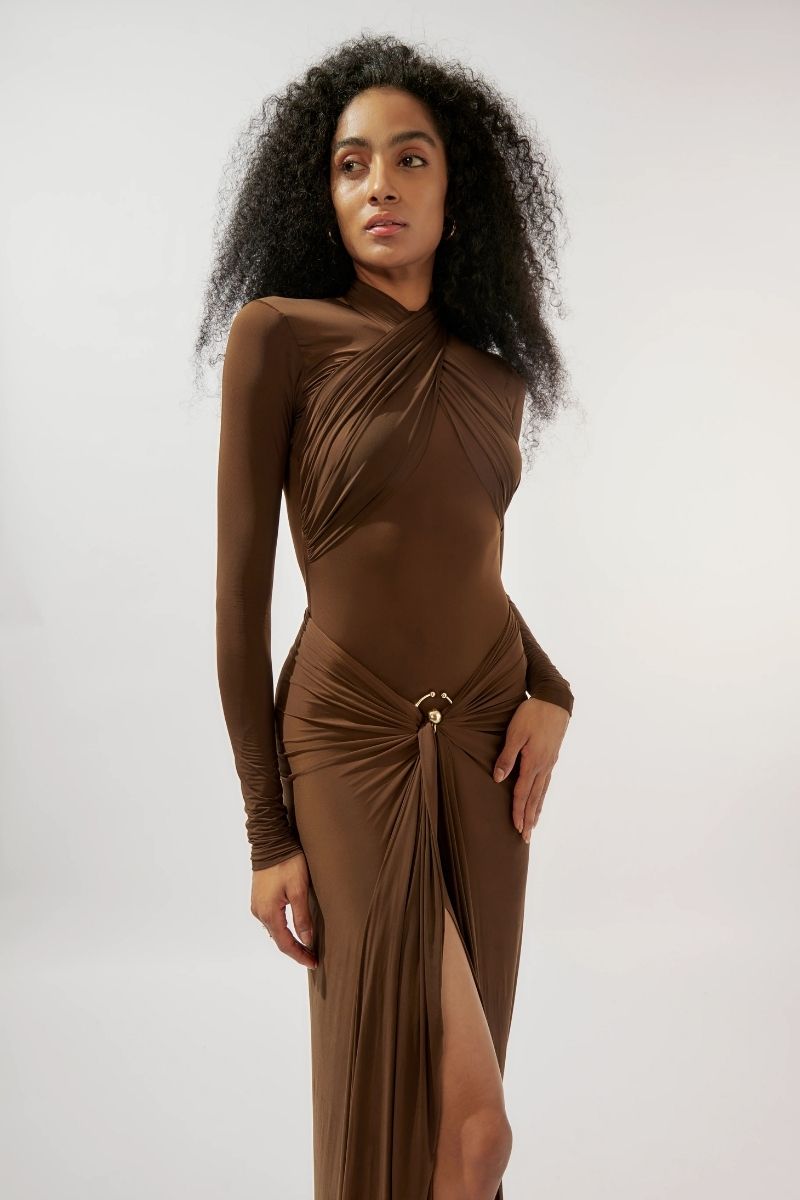 JUNE CHOCOLATE BROWN FITTED MAXI DRESS - CULT MIA