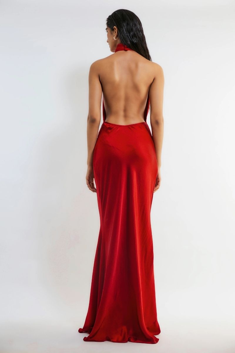 KATHY RED SATIN BACKLESS GOWN - CULT MIA