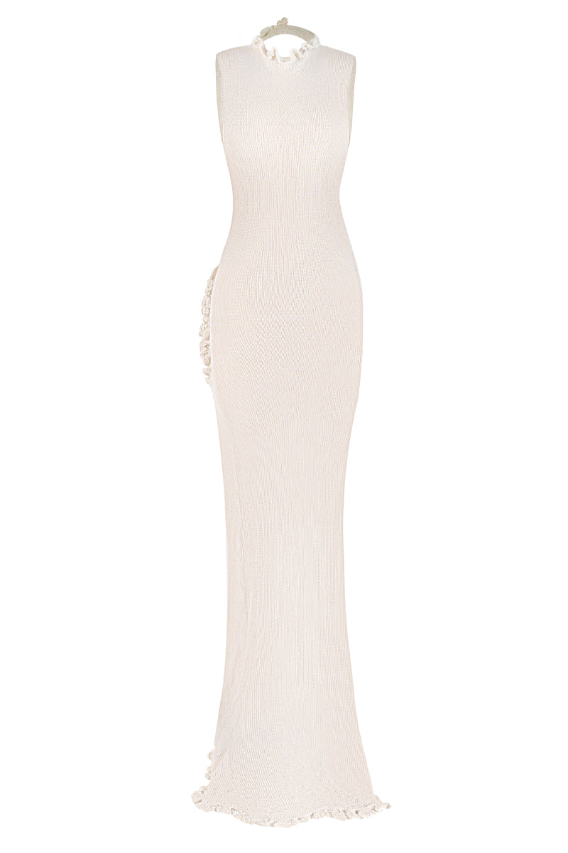 low back white maxi dress KNIT LOW-BACK MAXI DRESS IN BEIGE | CULT MIA