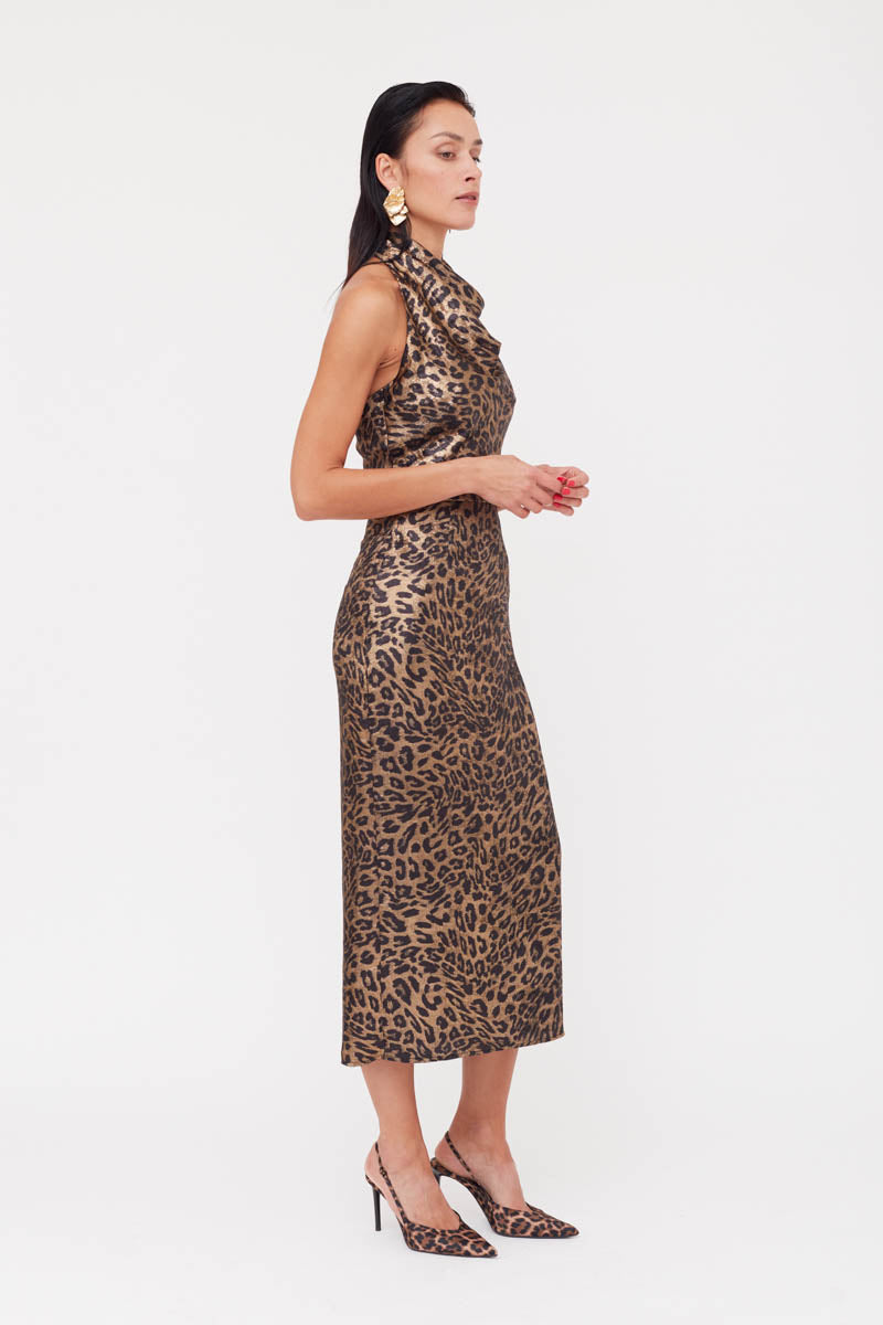 LARA METALLIC ANIMAL PRINT MIDI COWL NECK DRESS - CULT MIA