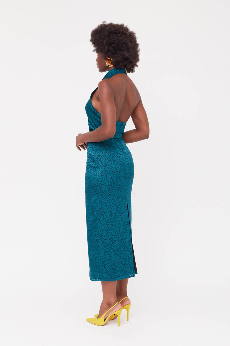 LARA TEAL BLUE JACQUARD FABRIC MIDI DRESS WITH COWL NECK - CULT MIA