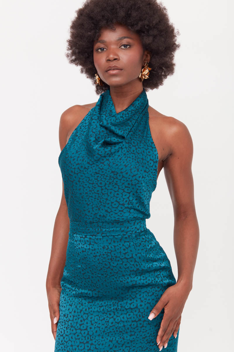 LARA TEAL BLUE JACQUARD FABRIC MIDI DRESS WITH COWL NECK - CULT MIA