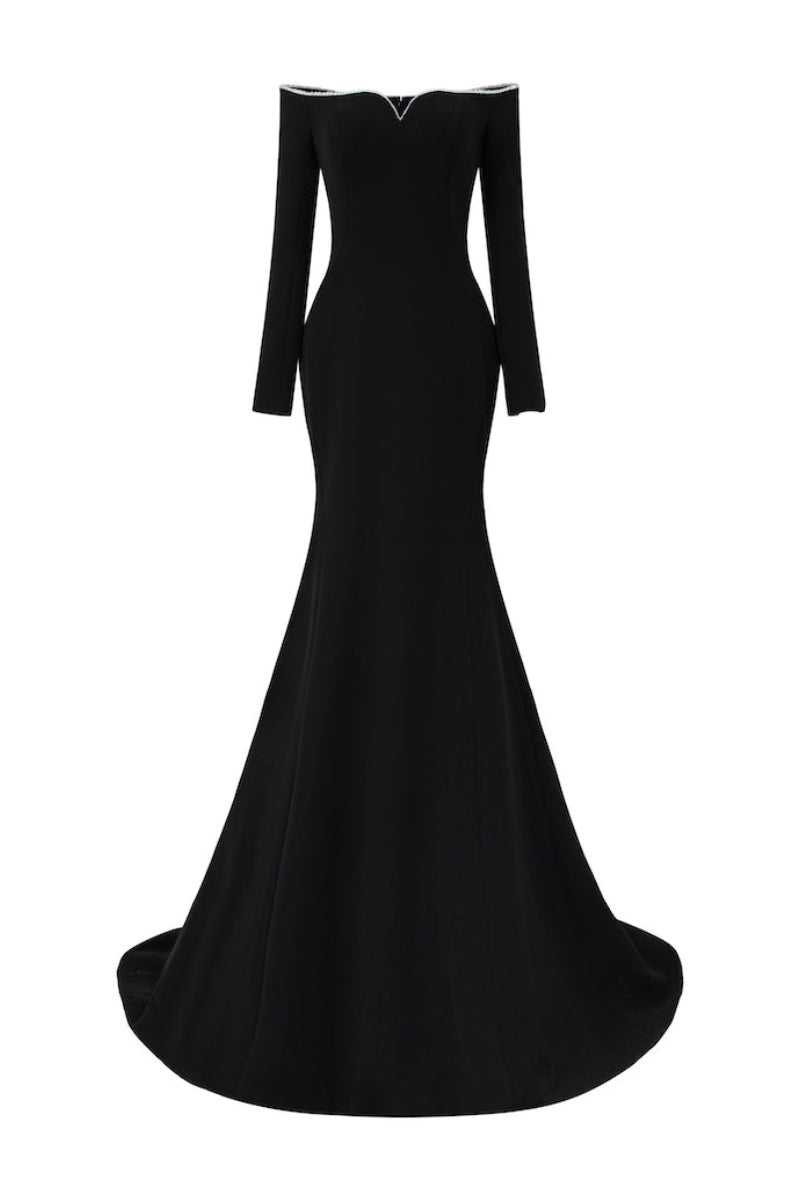 LONG-SLEEVE POLY CREPE OFF-SHOULDER MERMAID GOWN | CULT MIA | L'SCARLETT LONG-SLEEVE POLY CREPE OFF-SHOULDER MERMAID GOWN | CULT MIA | L'SCARLETT