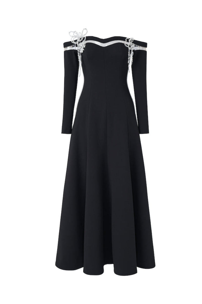OFF-SHOULDER LONG-SLEEVE POLY CREPE MIDI DRESS | CULT MIA | L'SCARLETT OFF-SHOULDER LONG-SLEEVE POLY CREPE MIDI DRESS | CULT MIA | L'SCARLETT