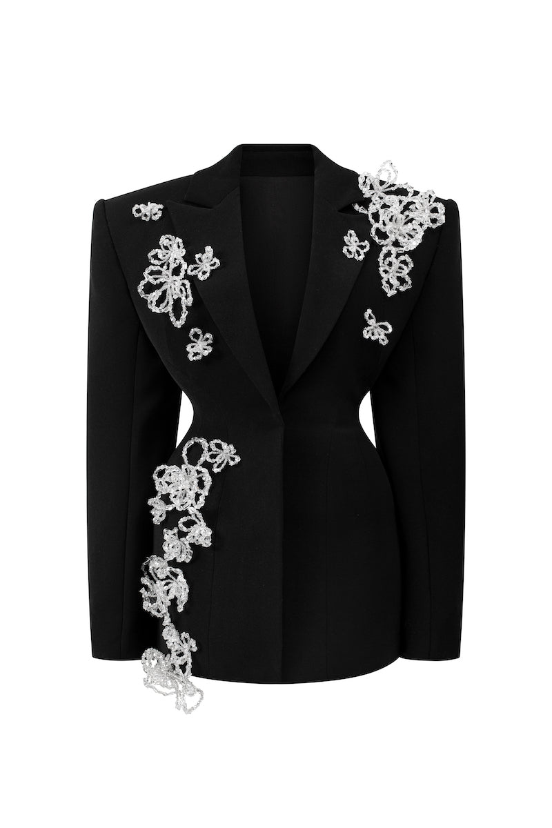cobalt floral jacquard long sleeve belt detail blazer dress Cobalt Floral Jacquard Long Sleeve Belt Detail Blazer Dress