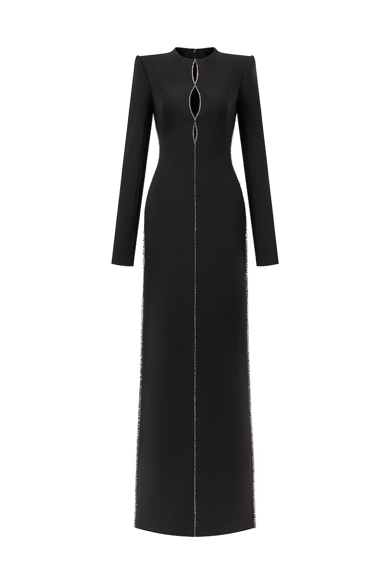 STRAIGHT-CUT LONG-SLEEVE CRYSTAL BEADING MAXI DRESS | CULT MIA