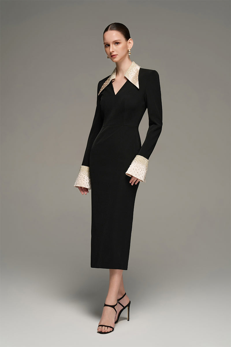V-NECK FLARED CUFF KNEE LENGTH DRESS IN BLACK AND BEIGE - CULT MIA