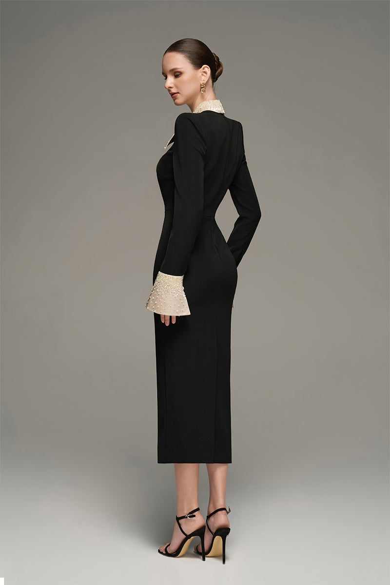 V-NECK FLARED CUFF KNEE LENGTH DRESS IN BLACK AND BEIGE - CULT MIA