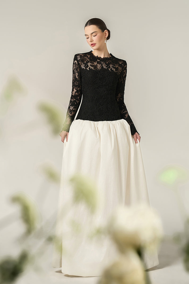 GUIPURE LACE AND TAFFETA DRESS IN BLACK AND WHITE - CULT MIA
