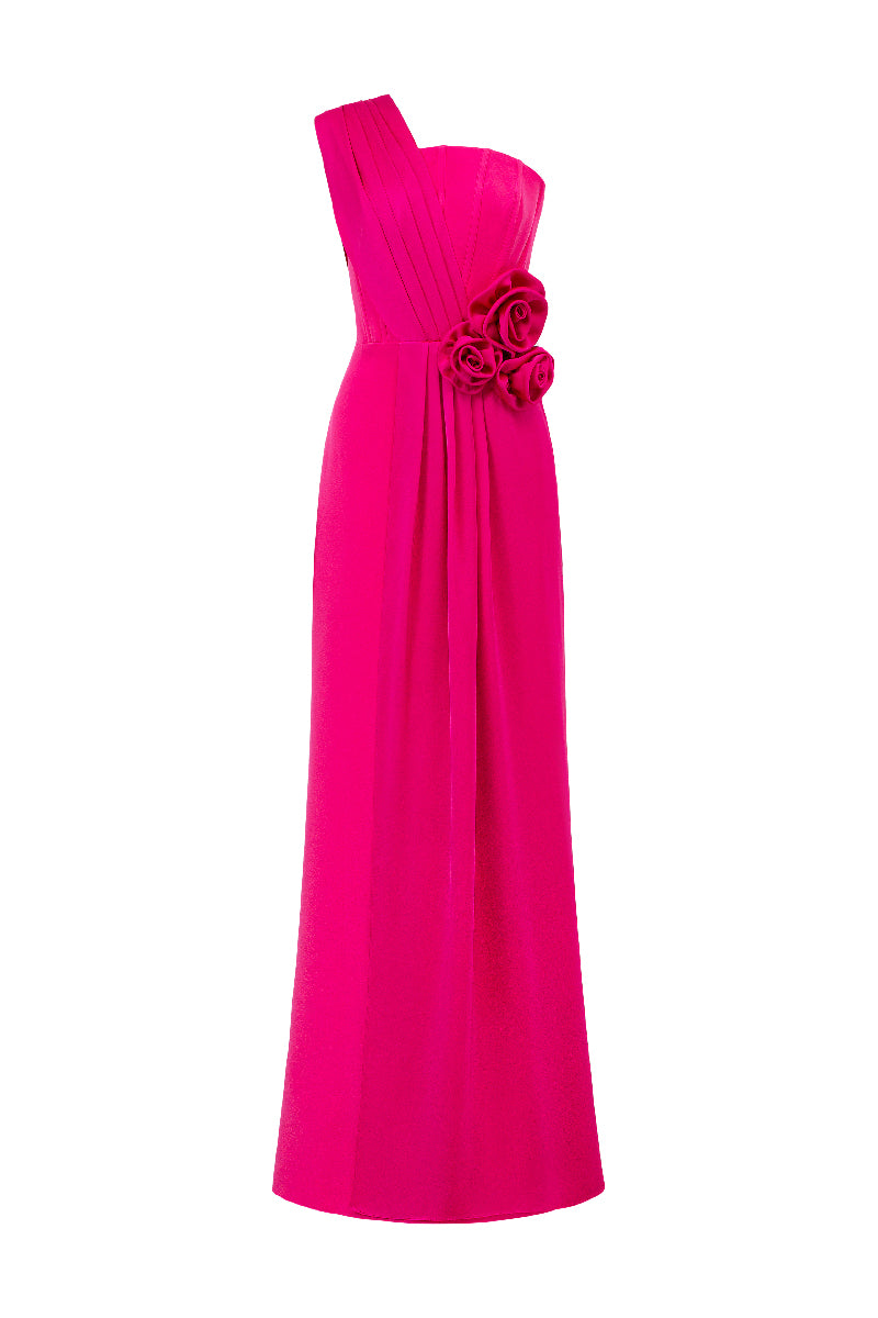 PLEATED ONE-SHOULDER COLUMN GOWN WITH ROSE DRAPED DETAILS - CULT MIA