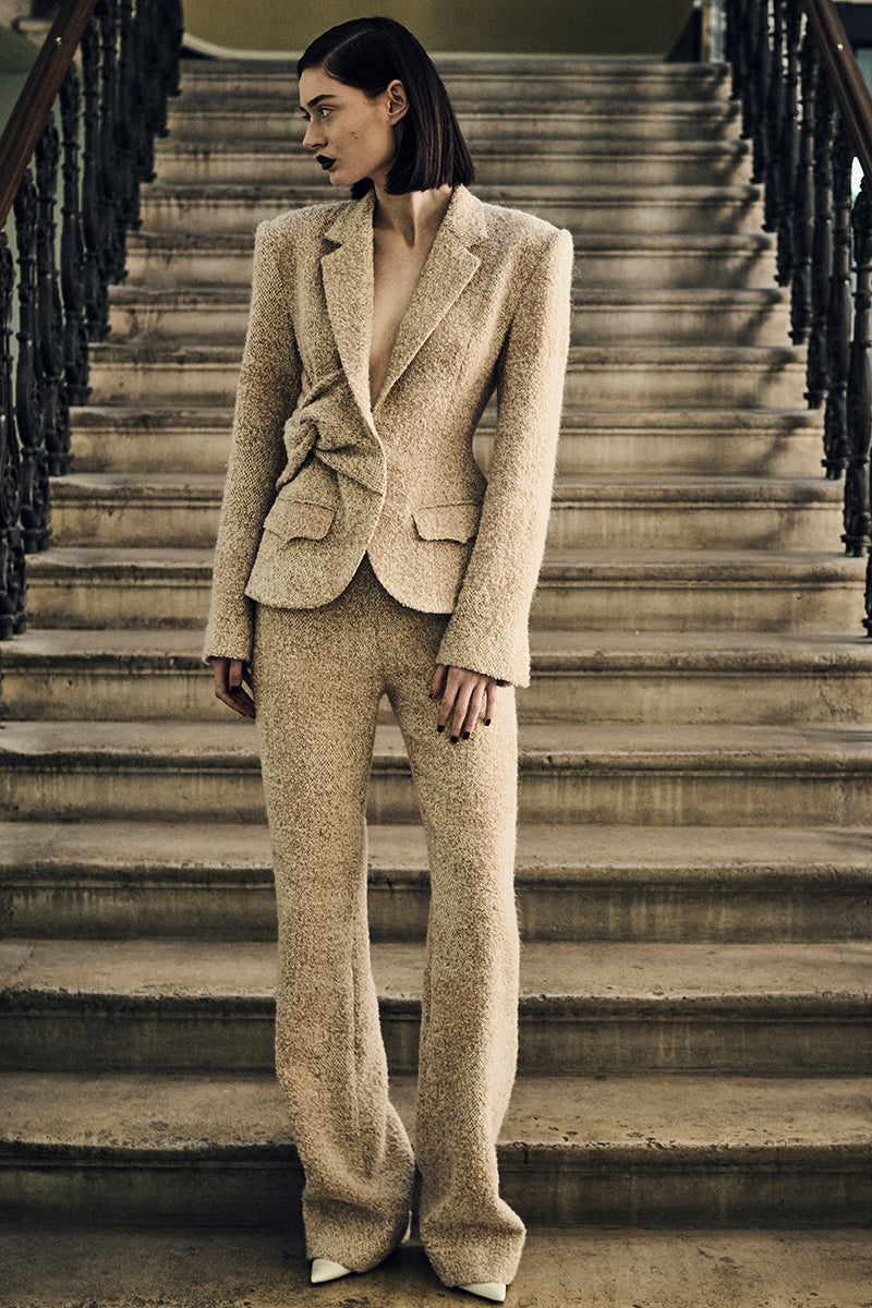 PANOS TWEED ASYMMETRICAL KNOT JACKET IN IVORY/CARAMEL - CULT MIA