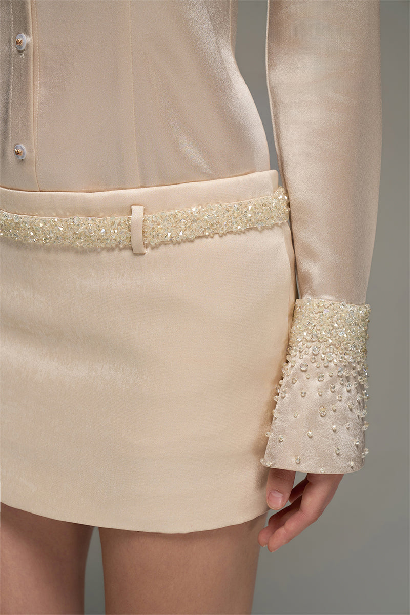 SATIN SHIRT AND SKIRT SET IN BEIGE - CULT MIA