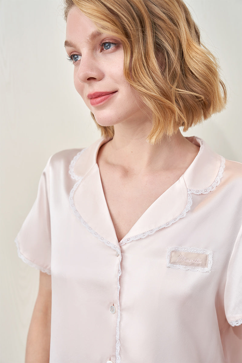 LUNAVIE SILK SHORT SLEEVE PAJAMA SET IN PINK - CULT MIA