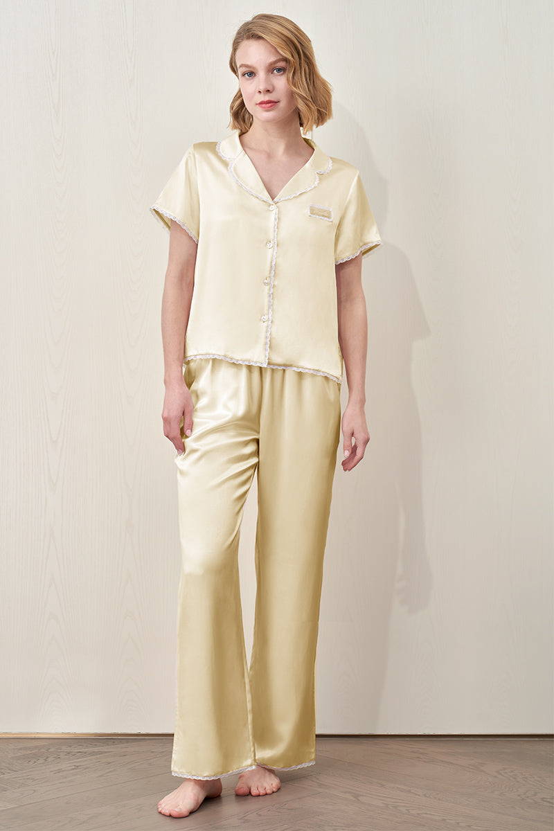 LUNAVIE SILK SHORT SLEEVE PAJAMA SET IN YELLOW - CULT MIA