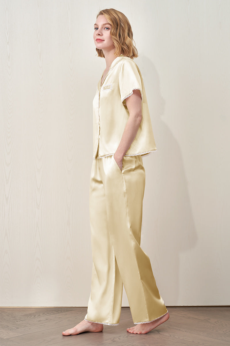 LUNAVIE SILK SHORT SLEEVE PAJAMA SET IN YELLOW - CULT MIA