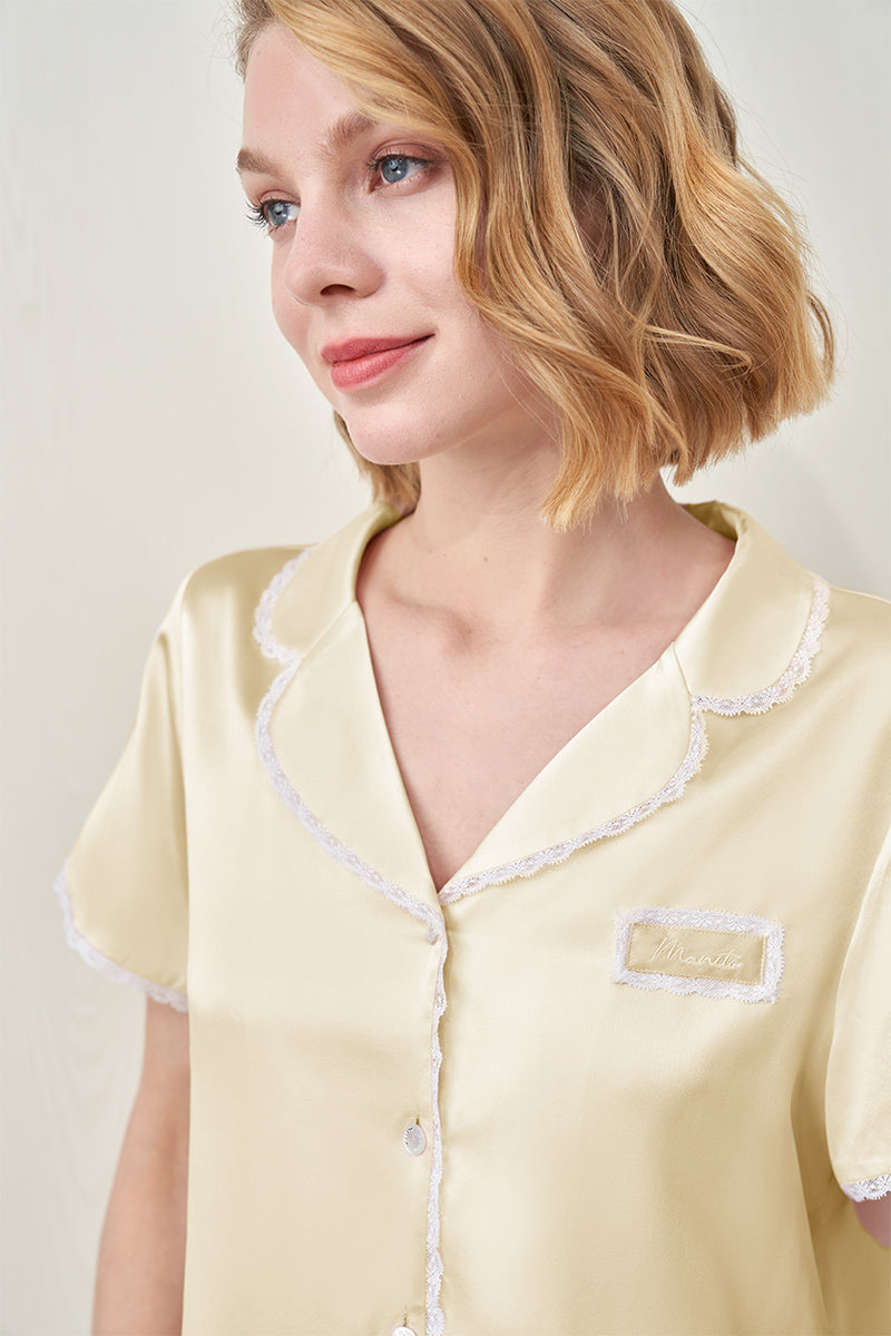 LUNAVIE SILK SHORT SLEEVE PAJAMA SET IN YELLOW - CULT MIA