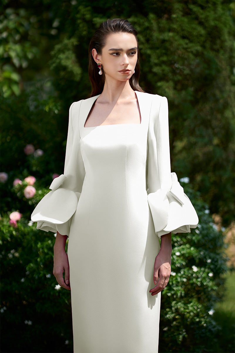 COLUMN GOWN WITH TRAPEZE NECKLINE AND ROSE DRAPED THREE-QUARTER SLEEVES - CULT MIA