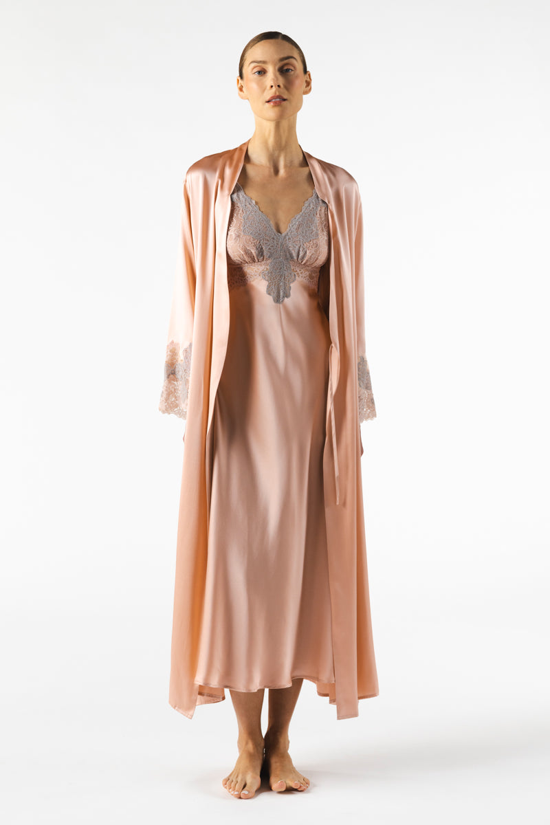 MIREILLE BUST-SUPPORT LONG SILK GOWN IN ROSE GOLD - CULT MIA
