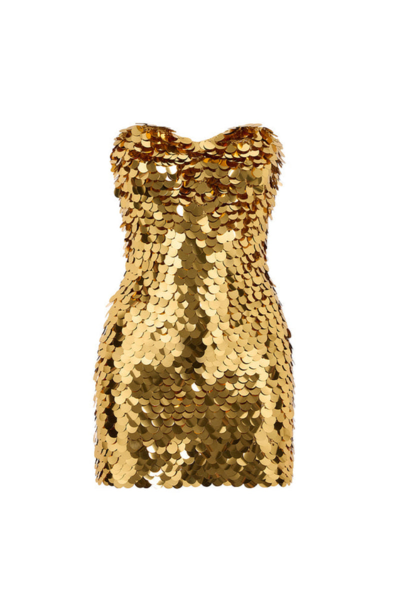 HAND-CROCHET SEQUIN EMBELLISHED STRAPLESS MINI DRESS IN GOLD HAND-CROCHET SEQUIN EMBELLISHED STRAPLESS MINI DRESS IN GOLD