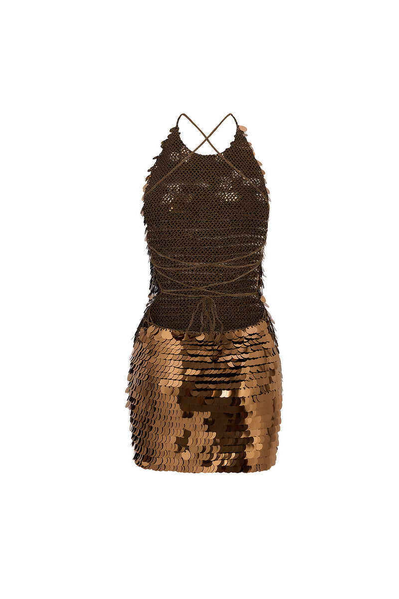 HAND-CROCHET SEQUIN EMBELLISHED MINI DRESS IN BRONZE - CULT MIA