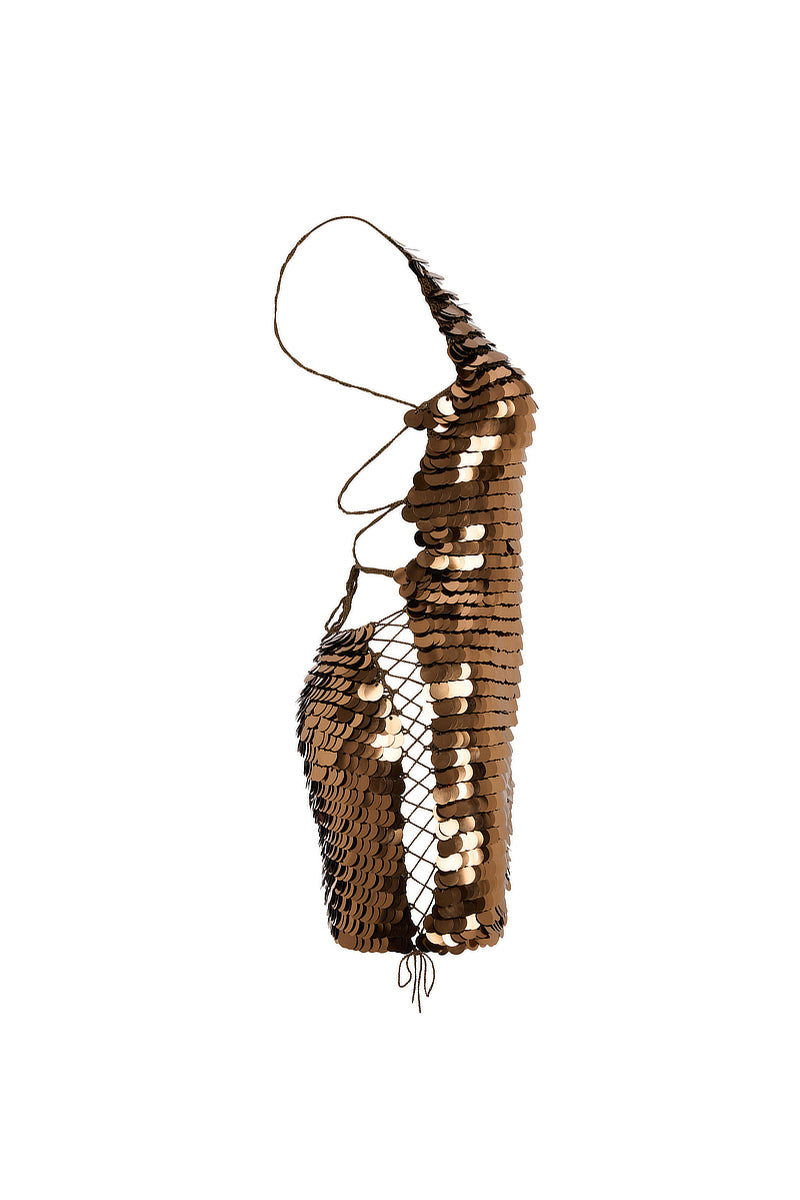 HAND-CROCHET SEQUIN EMBELLISHED MINI DRESS IN BRONZE - CULT MIA