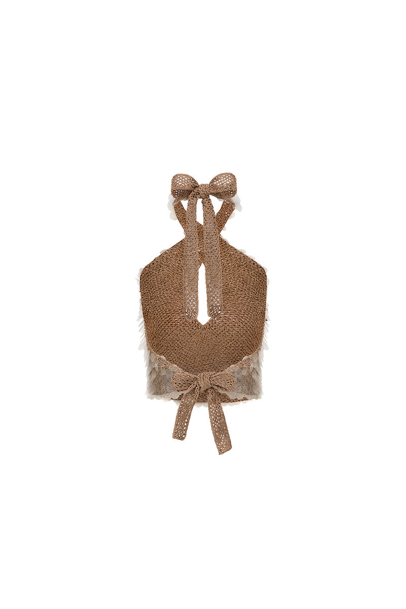 HAND-CROCHET SEQUIN EMBELLISHED CUT-OUT TOP IN MOCHA - CULT MIA