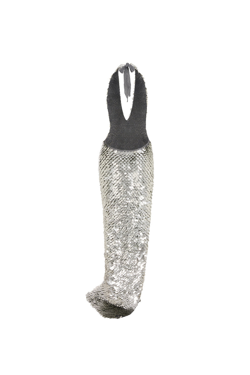 HAND-CROCHET SEQUIN EMBELLISHED GOWN IN MATTE SILVER - CULT MIA