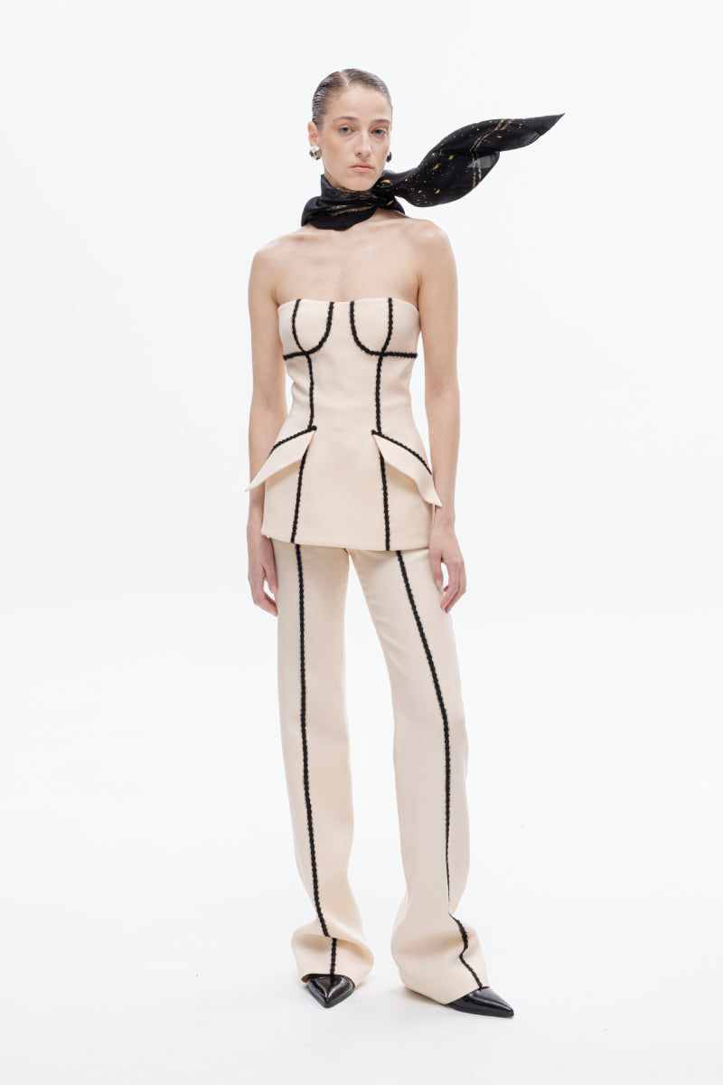 CREAM FUZZY DETAILS STRAIGHT LEG PANTS - CULT MIA