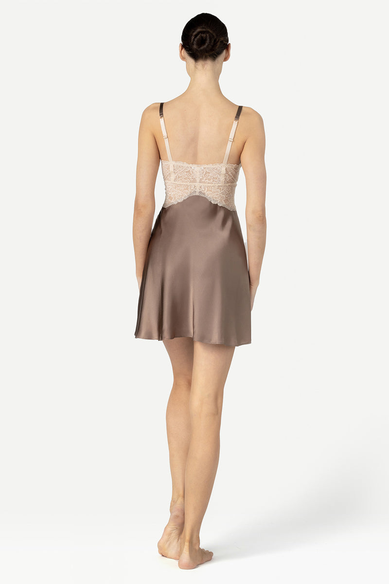 MORGAN CRADLE BUST SILK CHEMISE IN MOCHACCINO - CULT MIA