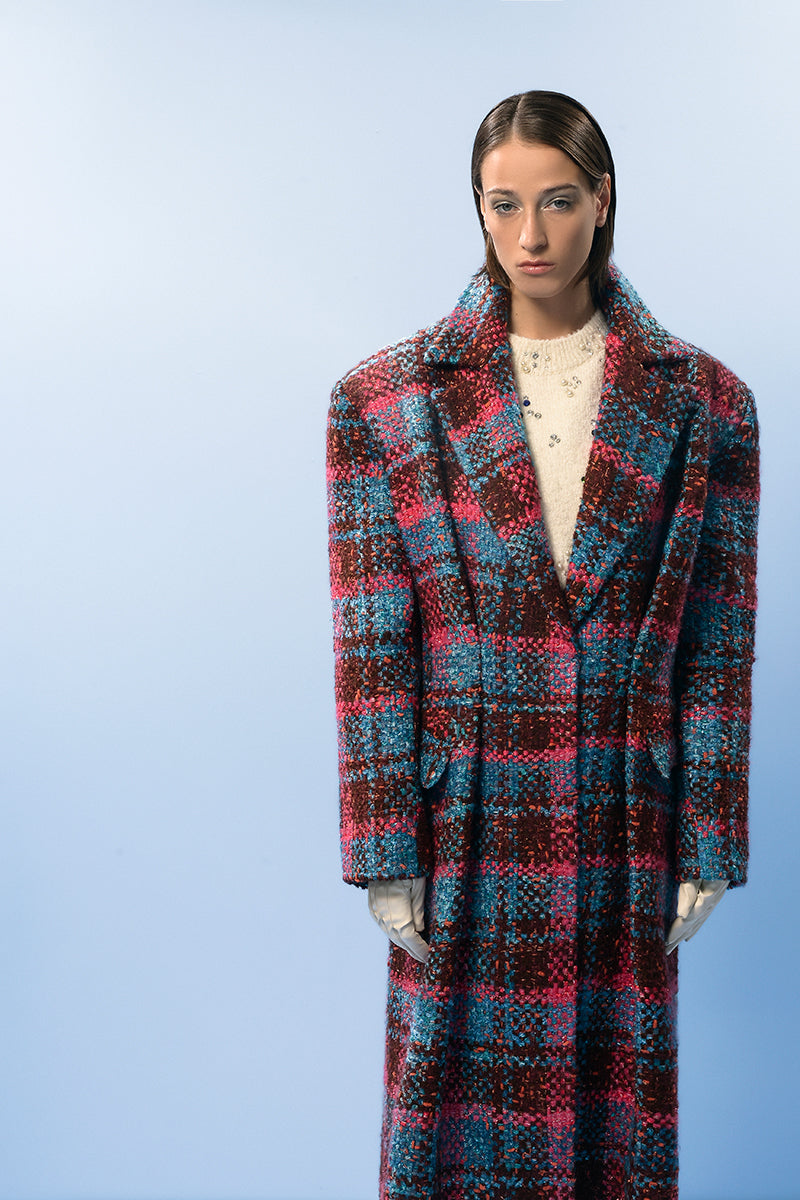 PINK AND BLUE CHECKED WOOL COAT - CULT MIA