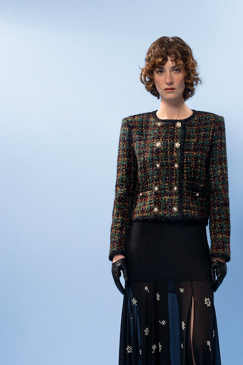 BROWN AND GOLD CHECKERED WOOL JACKET - CULT MIA