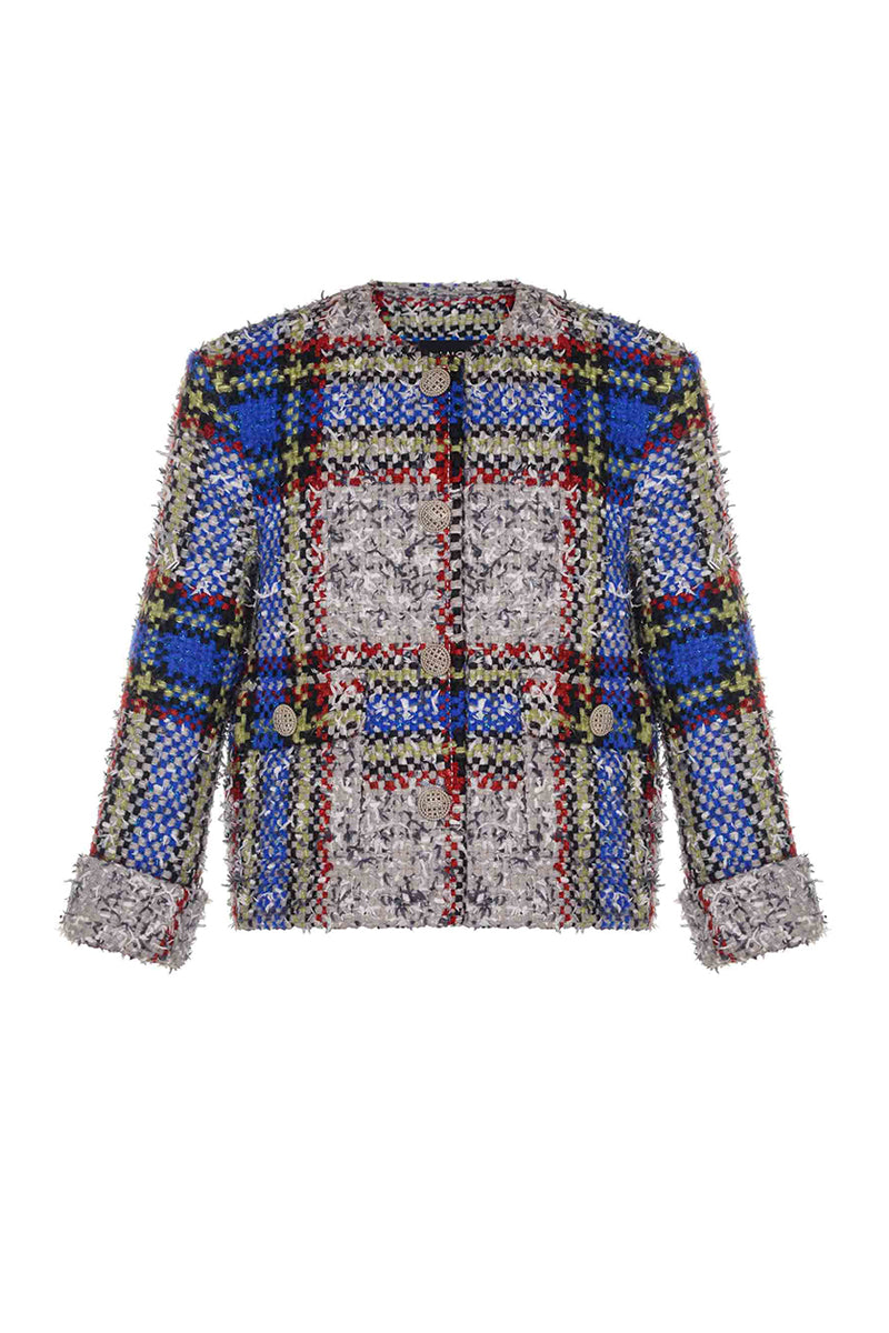BEIGE AND BLUE CHECKED WOOL JACKET - CULT MIA