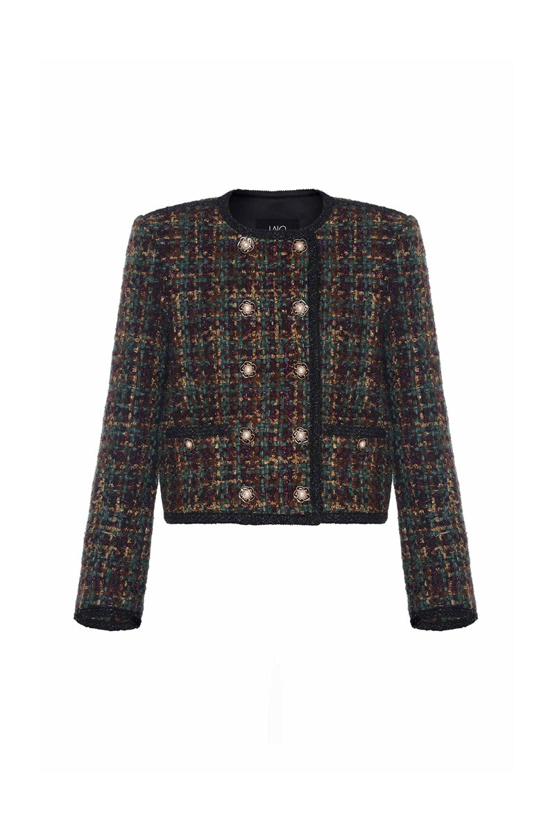 BROWN AND GOLD CHECKERED WOOL JACKET - CULT MIA