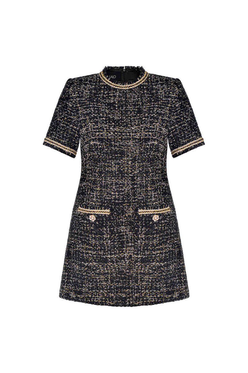 black and gold tweed dress Elegant Black Tweed Dress and Jacket Set With Pearl and Gold Trim