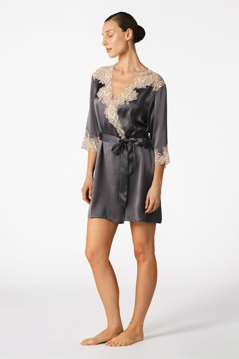 MARGAUX SOPHISTICATED SENSUAL SHORT SILK ROBE IN WET SAND - CULT MIA