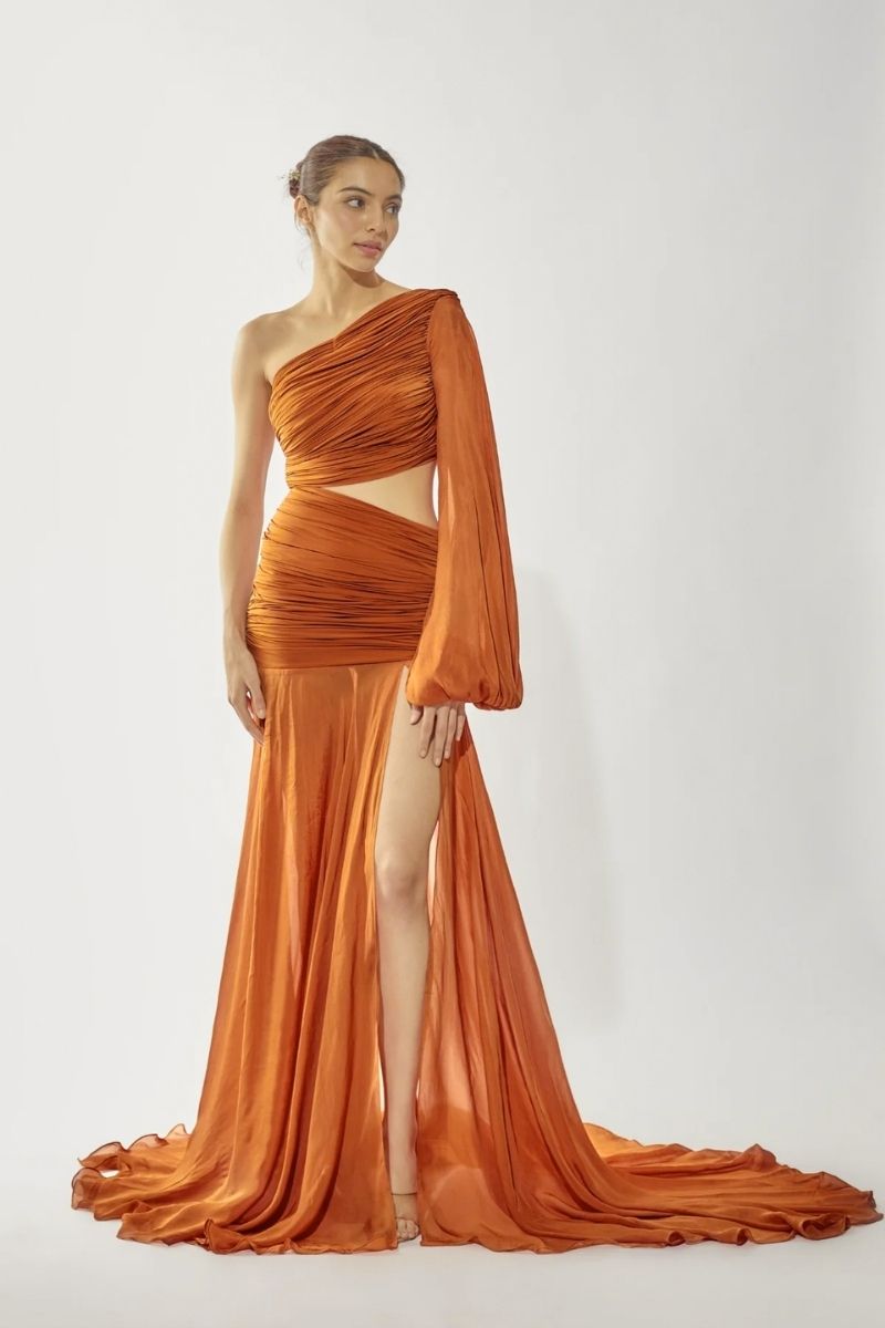 MARIELLE RUST ONE-SHOULDER RUCHED GOWN - CULT MIA