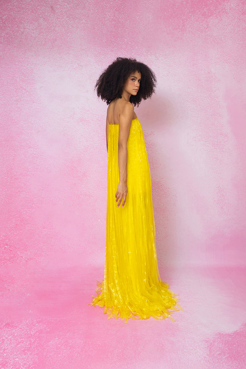 MAXI ALL OVER FRINGED DRESS IN YELLOW - CULT MIA