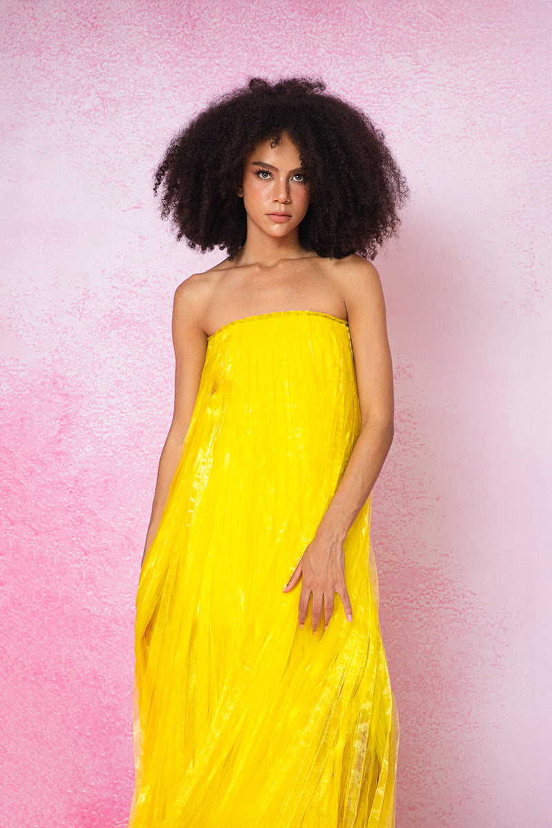 MAXI ALL OVER FRINGED DRESS IN YELLOW - CULT MIA