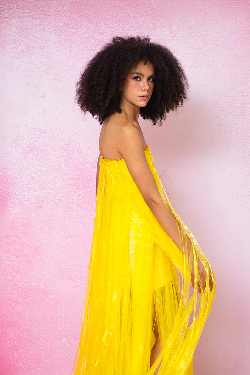 MAXI ALL OVER FRINGED DRESS IN YELLOW - CULT MIA
