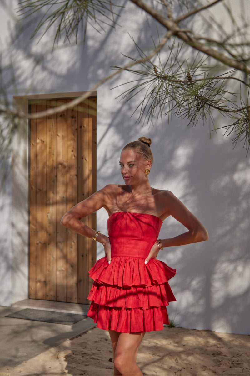 MILA GOJI RED STRAPLESS LINEN RUFFLE MINI DRESS - CULT MIA