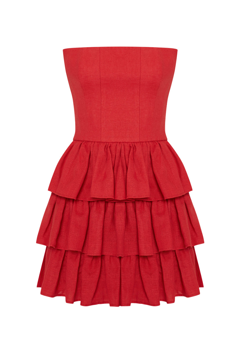 MILA GOJI RED STRAPLESS LINEN RUFFLE MINI DRESS - CULT MIA