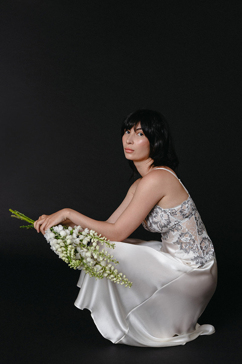 MIMI BRIDAL LONG SILK GOWN IN IVORY - CULT MIA