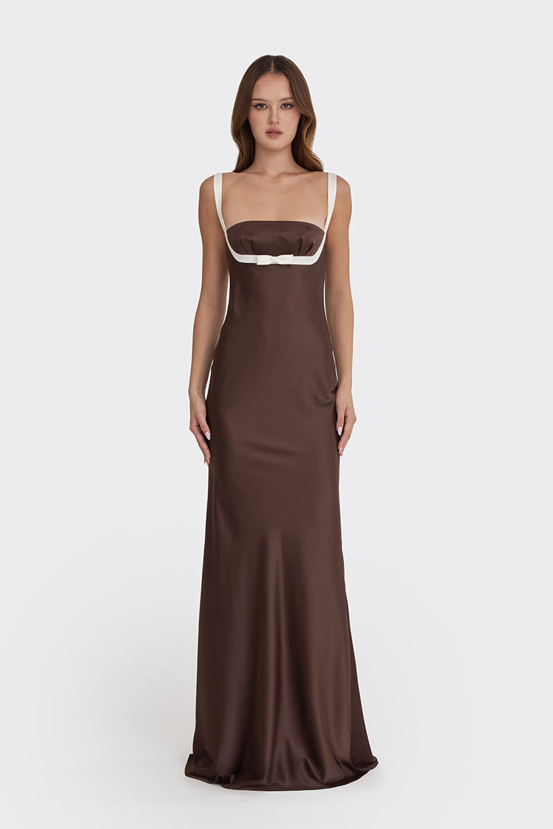 MINI BOW MAXI DRESS IN DARK BROWN - CULT MIA