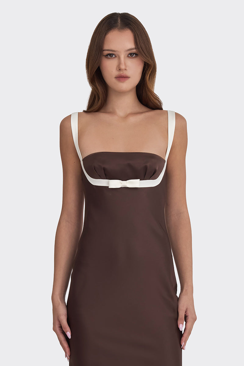 MINI BOW MAXI DRESS IN DARK BROWN - CULT MIA
