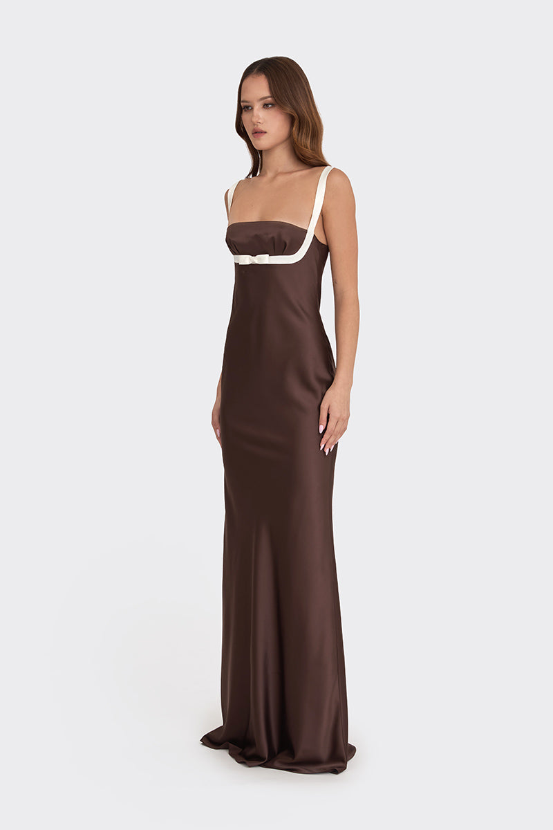 MINI BOW MAXI DRESS IN DARK BROWN - CULT MIA