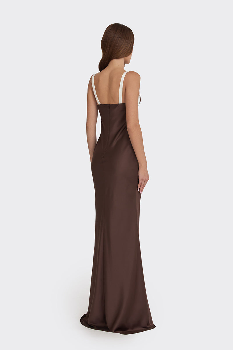 MINI BOW MAXI DRESS IN DARK BROWN - CULT MIA