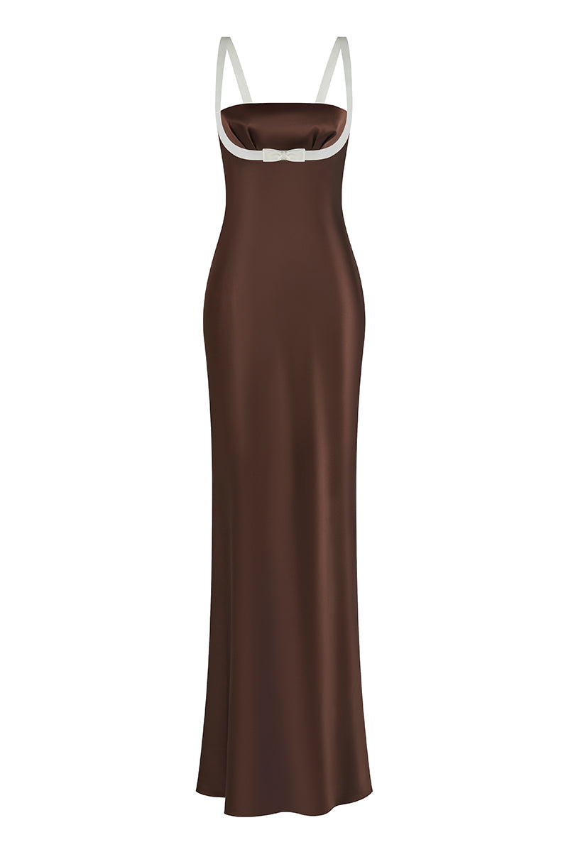 MINI BOW MAXI DRESS IN DARK BROWN - CULT MIA